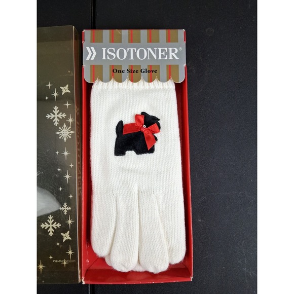 Vintage Isotoner Scotty Dog Knit Gloves One Size Womens White New In Box - Picture 2 of 6